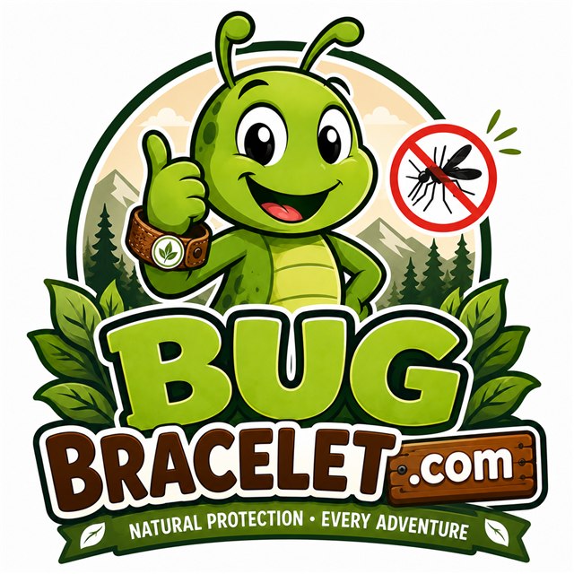 BugBracelet.com logo — a happy cartoon bug giving a thumbs up while wearing a natural repellent bracelet